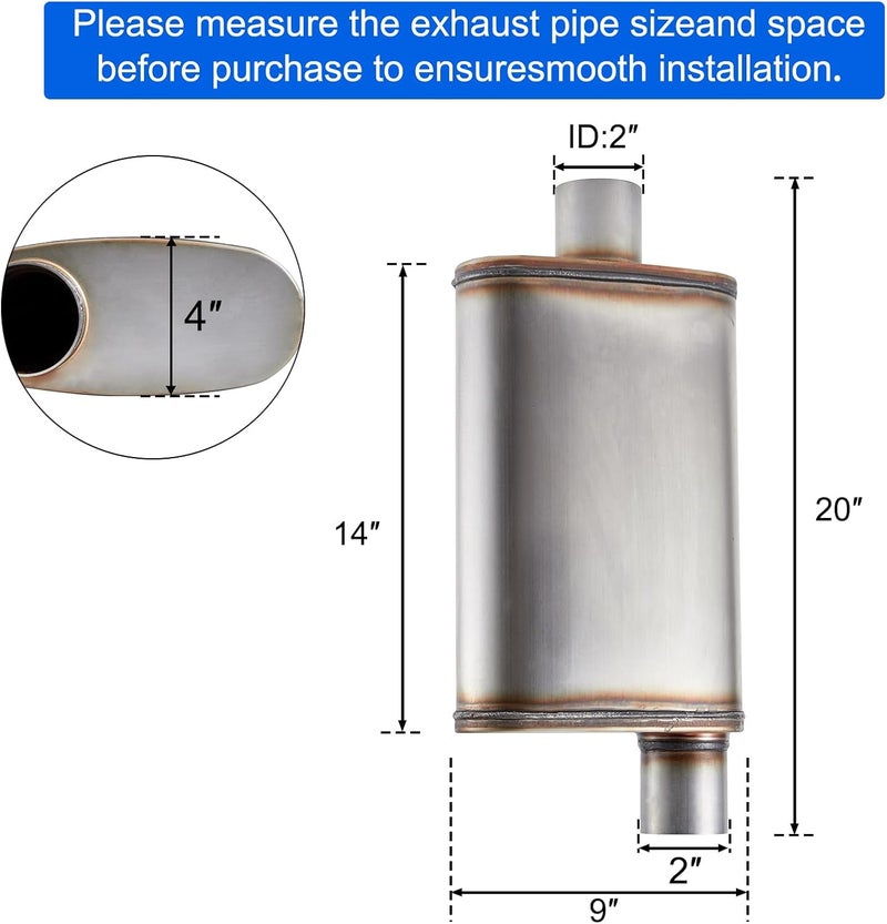 Floshine Universal 409 Stainless Muffler Straight-Through Performance Muffler Exhaust, center in | offset out (2") - Image 2